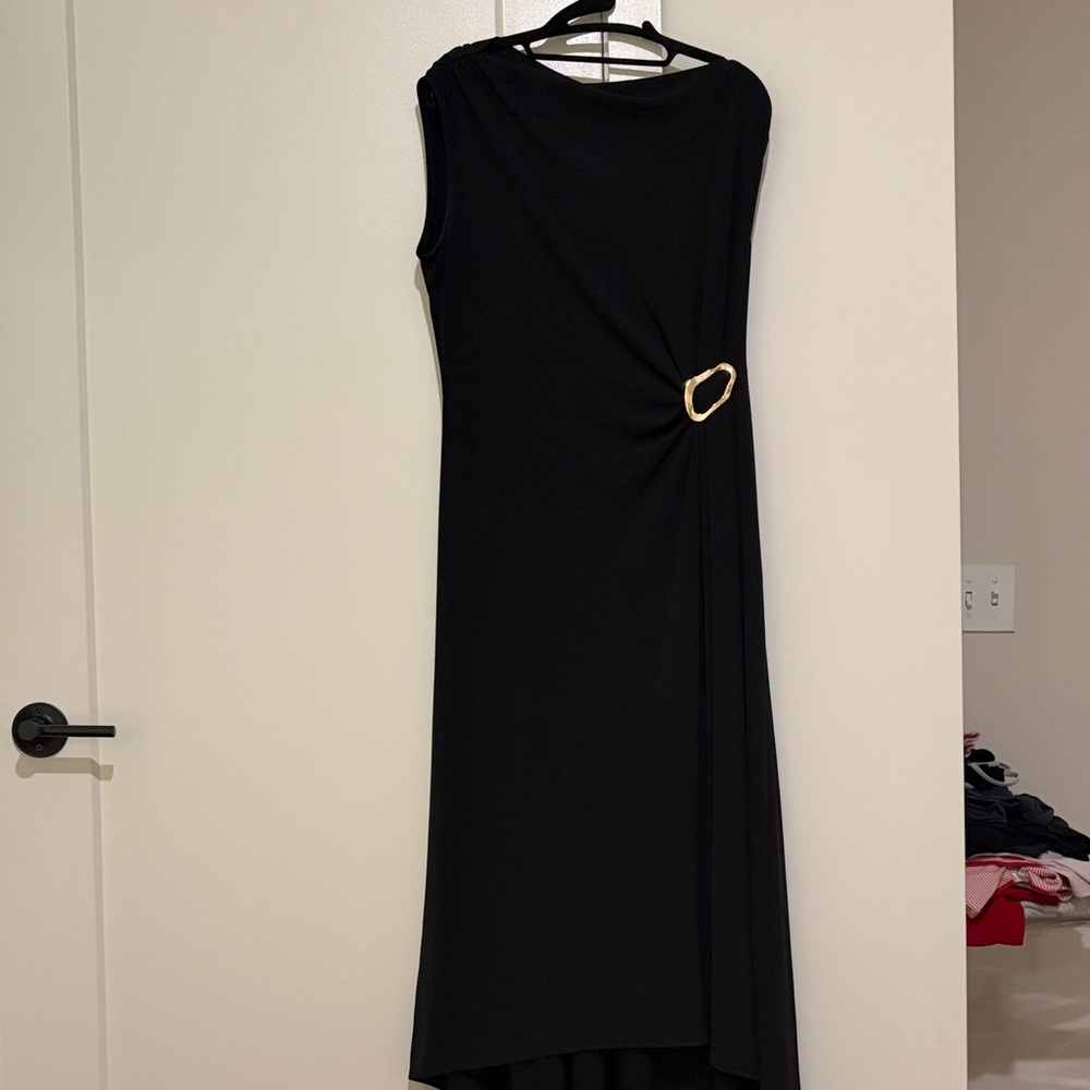 Midi Black Cocktail Elegant Black One-Shoulder Evening Dress with Gold Accent